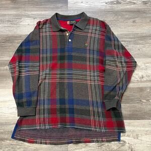 Vintage 90s Chaps Ralph Lauren Gray Tartan Plaid Mens Medium Long Sleeve‎ Polo